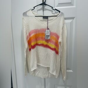 Wooden Ships Cream V-Neck Sweater with Pink, Orange & Yellow Stripes